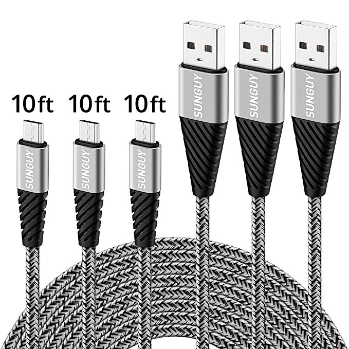 Micro USB Cable 10FT,SUNGUY [3-Pack] Extra Long 10FT/3M Braided Micro USB Charging & Data Sync Cable Cord for Galaxy S7 Edge,Moto G5 Plus,Huawei P0 Lite,Sony Xperia Z5,Kindle Fire and More