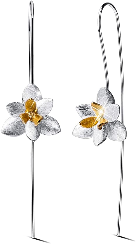 ♥Gifts for Christmas♥Lotus Fun 925 Sterling Silver Drop Earrings Elegant Orchid Flower Fashion Dangle Earring, Handmade Unique Jewelry Gift for Women and Girls