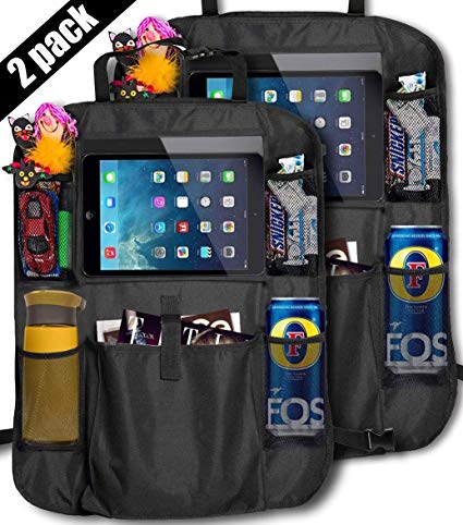 Siensync 2 Pack Car Backseat Organizer with iPad Tablet Holder for Storing Kids Toys & Baby Wipes Travel Accessories Use as Seat Back Protector, Kick Mat, Car Organizer(Black)