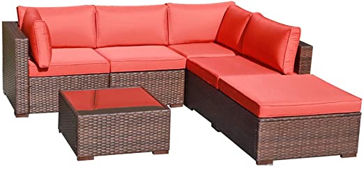 OC Orange-Casul 6-Piece Outdoor Patio Sectional Sofa Set Brown Wicker Furniture Set with Orange Seat Cushions & Tempered Glass Coffee Table