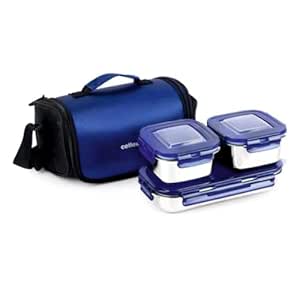 CELLO Swag Lunch Box with Inner Steel | 100% Food Grade | Leak Proof and Break Resistant | 355mlx 2 + 570ml x 1 Containers Lunch Box with Jacket, Blue