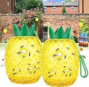 Wasp Traps Outdoor Hanging, Bee Traps Repellent Yellow Jacket Catchers Killer for Outside, Hornet Deterrent Wasp Trap Non-Toxic Reusable Hanging Traps Pineapple Shape - 2 Pack, Yellow