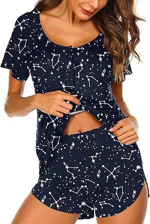 Ekouaer Women's Pajama Short Sleeve Sleepwear Soft Pj Set Cotton Top and Shorts Pajamas Set