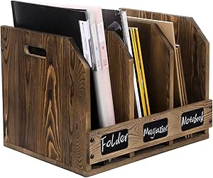 MyGift Rustic Burnt Brown Wood Office Desktop Document File Folder Binder Storage Organizer Rack with 3 Compartments and Chalkboard Labels