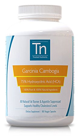 Trusted Nutrients Non-GMO 100% Pure Garcinia Cambogia Extract, 75% HCA, Superior Absorption. Potassium, No Calcium Added. 3 Month Supply - 180 Veggie Caps. 1 Capsule Per Serving (1000mg)