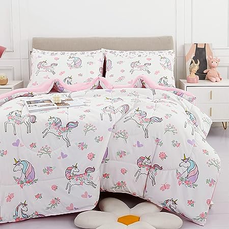 Viviland Twin Single Unicorn Comforter Set for Girls, Kids Brushed Microfiber Twin Single Bedding Set, 5 Pieces Machine Washable Bed in A Bag with Soft Comforters, Sheet Set, Shams, Unicorn Love Heart
