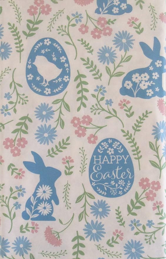 Happy Easter Bunnies and Chicks Among Spring Flowers Vinyl Flannel Back Tablecloth (52inch x 90inch Oblong), Multi