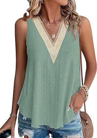 Womens Tank Tops Loose Fit Fashion Lace V Neck Sleeveless Shirts Causal Solid Color Summer Tops