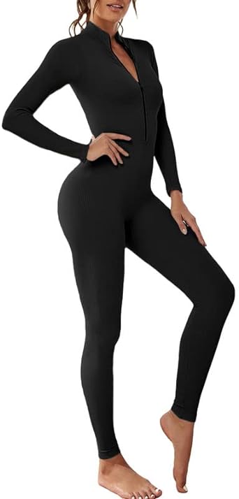 Litthing Women’s Long Sleeve Jumpsuit Yoga Ribbed Sexy One Piece Butt Lifting Bodysuit Zipper Gym Activewear Romper Playsuit