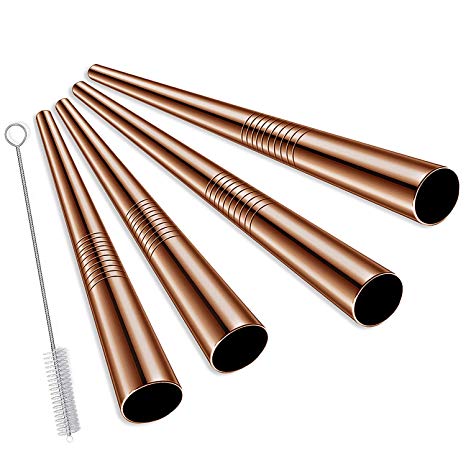 ALINK Extra Wide Reusable Rose Gold Stainless Steel Boba Smoothie Straws, 12mm Jumbo Metal Bubble Tea/Milkshakes Straws, Pack of 4 with Cleaning Brush & Carrying Case