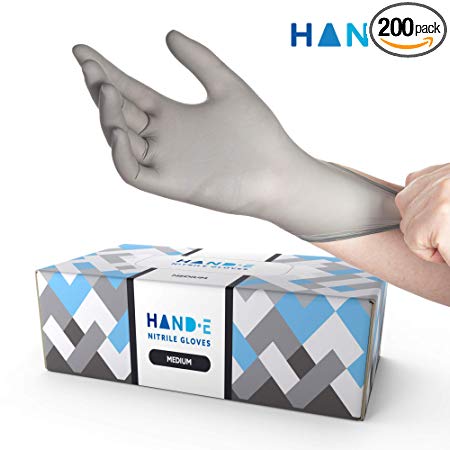 Hand-E Disposable Grey Nitrile Gloves Medium - 200 Count - Kitchen Gloves - Powder Free, Latex Free Medical Exam Gloves with Textured Grip Fingertips - Cleaning, Salon, Painting