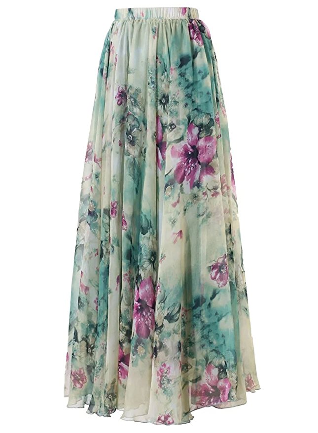 Annflat Women's Boho Floral Print High Waist Pleated Chiffon Long Maxi Skirt