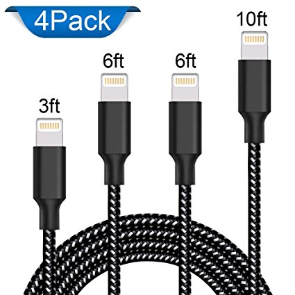 Lightning Cable,ONSON iPhone Cable 4Packs 3FT 6FT 6FT 10FT to USB Syncing and Charging Cable Data Nylon Braided Cord Charger for iPhone 7/7 Plus/6/6 Plus/6s/6s Plus/5/5s/5c/SE and more (Black&White)