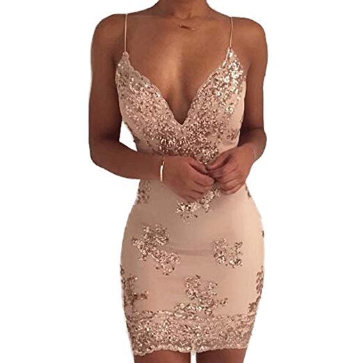 LINGMIN Women’s Sexy Backless Sparkling Dress Sequins Floral Deep V Neck Clubwear Party Bodycon Mini Short Dress