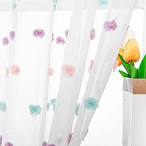 MYSKY HOME Rainbow Pom Pom Curtains for Living Room Light Filtering 84 Inch Long Bedroom Curtains for Nursery Girls Kids Room Rod Pocket Bohemian Voile Window Drapes 52 x 84 inch 2 Panels