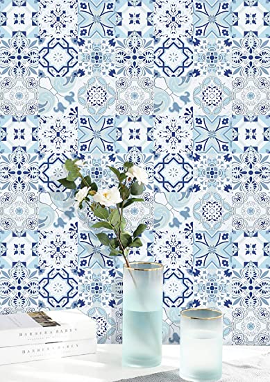 197’’x17.7’’ Wallpaper Blue White Contact Paper Flower Tile Peel and Stick Wallpaper Removable Wall Paper Waterproof Wall Covering Embossed Self Adhesive Wallpaper Shelf Drawer Liner Vinyl Decal Roll