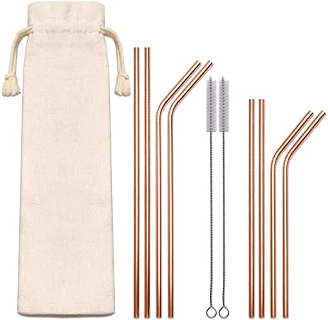 U-Taste Stainless Steel Straws, Metal Drinking Straws Reusable Extra Long with Storage Bag for 20oz 30oz Tumbler Cups Mugs Set of 8 (4 Bent   4 Straight   2 Cleaning Brush, Rose Gold)