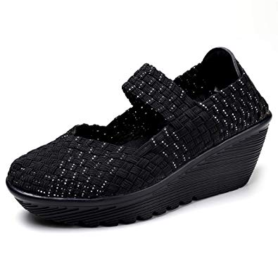 HKR Womens Wedge Platform Sandals Woven Mary Jane Pumps Comfortable Working Shoes