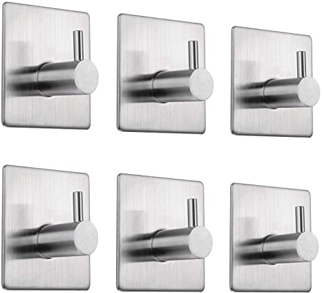 EKKONG 6 Pack Self Adhesive Hooks, Stainless Steel Stick Hooks Towel Stands Office Strong Sticky Wall Hook Rustproof Waterproof for Bathroom, Kitchen and Bedroom (6 Pack)