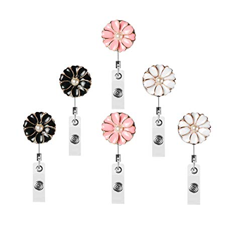 Fushing 6Pcs Retractable Badge Holder Reel Clip, 25 inch Stainless Steel Retractable Reel, Flower Petals ID Badge Reel for Name Badge Decoration (Multi-Color)