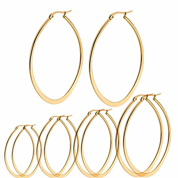 Calors Vitton 4 Pairs Stainless Steel Teardrop Large Hoop Earrings 30mm-60mm