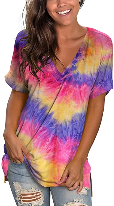 liher Women's Tshirts Casual V Neck Short Sleeve Loose Summer Tunic Tops