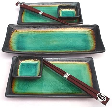 Japanese Turquoise Green Kosui Seven Piece Sushi Plate Set for Two with Serving Plate