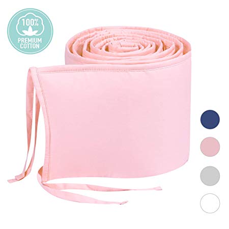 TILLYOU Cotton Collection No-Gap Nursery Mini Crib Bumper Pads for Baby Girl 24x38, Ultra Soft & Machine Washable Padded Crib Liner for Portable Cribs, 1-Piece Safe Crib Padding Protector, Lt Pink