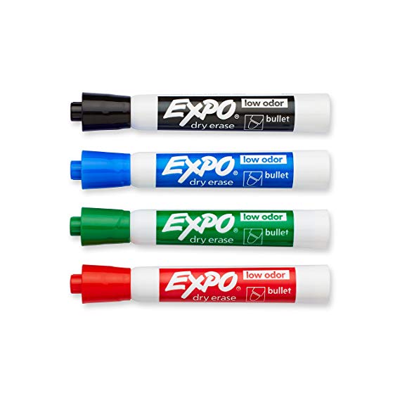EXPO 82074 Low-Odor Dry Erase Markers, Bullet Tip, Assorted Colors, 4-Count