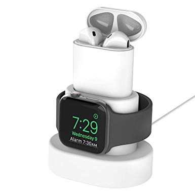 Greatfine for Apple Watch Charger Stand and Airpods Charging Station,2 in 1 Silicone iWatch Charging Stand for Apple Watch Series 4 3 2 1and Airpods dock,With Free Airpods Case (White Dock Black Case)