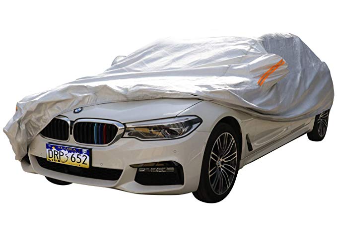 XYZCTEM Car Cover-Silver 4-Layer 100% Waterproof Aluminum All Weather Protects Paint from Snow, Ice, Rain, Birds, UV and Heat,for Auto Vehicle Indoor Outdoor Use (195" to 210")-3XL
