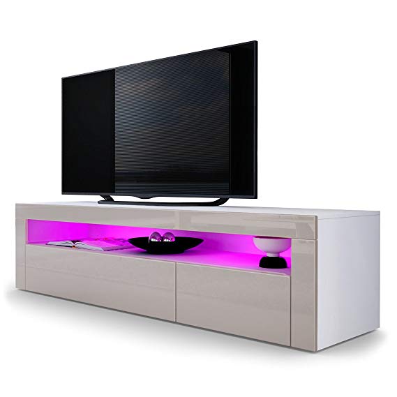 Vladon TV Stand Unit Valencia, Carcass in White matt/Front in Sand grey High Gloss a frame in Sand grey High Gloss