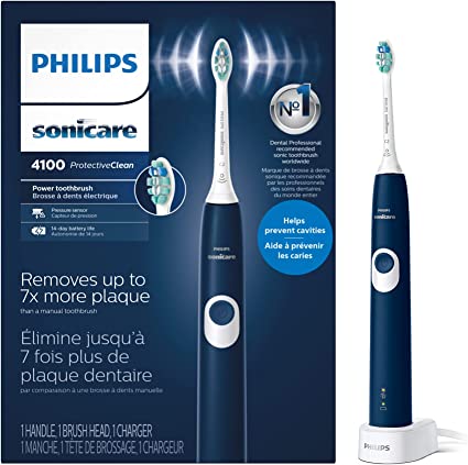 Philips Sonicare ProtectiveClean 4100 Plaque Control, Rechargeable electric toothbrush with pressure sensor, Navy Blue HX6811/01 AMZ Exclusive