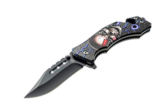 SE Spring Assisted Clip Point Folding Knife with Howling Wolf Design