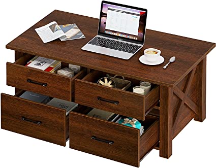 Rolanstar Coffee Table with Storage, Farmhouse Coffee Table with 4 Drawers and Shelves, Large Storage Wooden Central Table for Living Room Espresso