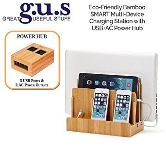 G.U.S. Multi-Device Charging Station Dock & Organizer - Multiple Finishes Available. For Laptops, Tablets, and Phones - Strong Build, SMART Eco-Friendly Bamboo with USB AC Power Hub (8A/40W)