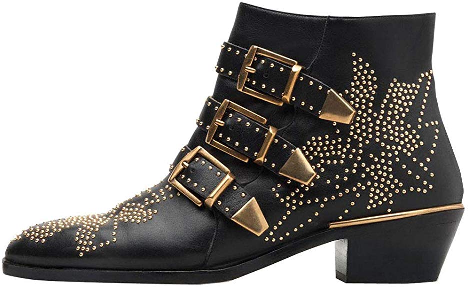 Themost Ankle Boots Womens Genunie Leather Rivet Studded Buckle Strap Designer Boot Low Heel Booties Black