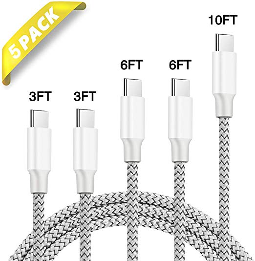 USB Type C Cable, Besiva 5 Pack 3FT 3FT 6FT 6FT 10FT Type C Charging Cable, USB C to USB A Nylon Braided Fast Charger Cord for Samsung Galaxy Note 8, Note 9, Note 10,S8, S9, S10, Nintendo Switch, Sony XZ, LG V20, G5, G6, HTC 10 and More, Silver