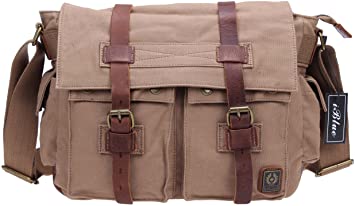 Iblue Durable Canvas Leather Military Laptop Shoulder Messenger Bags for Men Women #0791 (L 35cm, coffee)