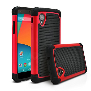 Nexus 5 Case, MagicMobile [Dual Armor Series] Hybrid Impact Resistant Google Nexus 5 Shockproof Tough Case Rugged Hard Plastic   Rubber Silicone Skin Protective Case for LG Nexus 5 - Black / Red