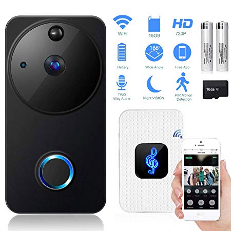 leegoal Video Doorbell, Wireless Smart Doorbell 720P HD WiFi Security Camera with 16G Card & 2 Batteries, Real-Time 2-Way Talk, Night Vision, PIR Motion Detection and App Control for iOS and Android