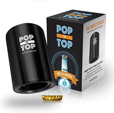 PoptheTop Automatic Beer Bottle Opener : (Black) - Great gift - Bottle cap collector best find! Push down & cap pops off. No bending or damage to caps.