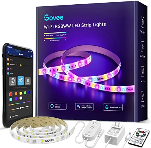 Govee Smart RGBWW LED Strip Lights, 9.8ft Wi-Fi LED Light Strip Works with Alexa Google Home, Warm and Cool White, Waterproof App Control Strip Light for Bedroom, Cabinet, Desk, TV