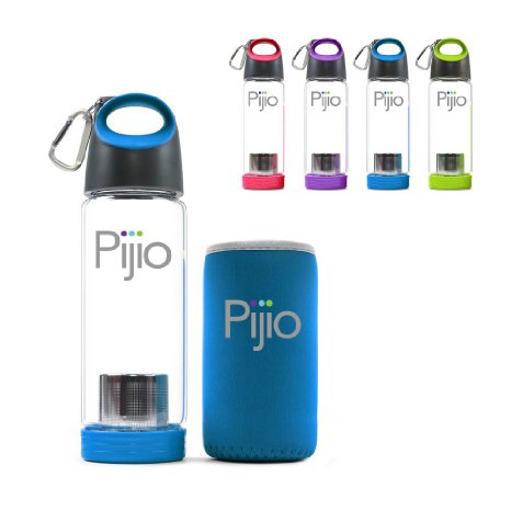 Insane Sale - Pijio Tea Infuser (Loose), Fruit Infusion, Cold Brew Coffee Maker, Infused Borosilicate Glass Bottle Mug. Best Travel Sports Water Bottle with Neoprene Sleeve, BPA Free (500ml 17oz)
