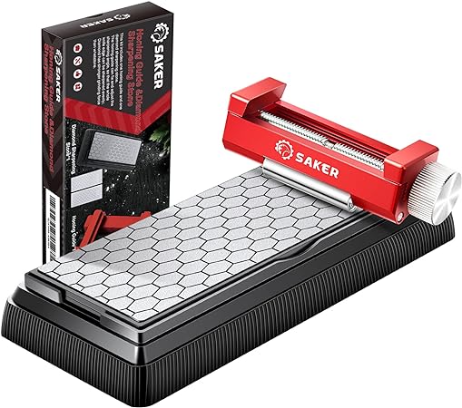Saker Honing Guide with Whetstone - Red Off-Center Upgraded Honing Tool and Diamond Sharpening Stone Set Kit for Knife, Short Chisels and Planes, Fine/Coarse Plate, 400/1000/Grit, (X39819)