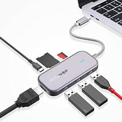 USB C Hub, BlitzWolf 7 Ports Multifunctional Type C Adapter with 4K HDMI, 3 USB 3.0 Ports, 100W Type C PD, SD/TF Card Reader for MacBook Pro 2018/2017, Huawei MateBook, Chromebook, More USB C Devices