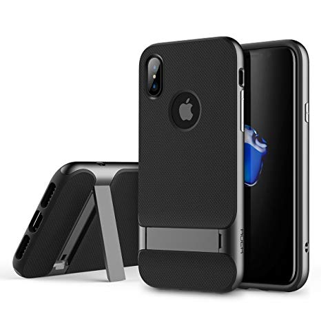 ROCK iPhone X case, Kickstand Ultra Thin Fit Dual Layered Heavy Duty Armor Hybrid PC Soft TPU Shell Case Slim Fit Black/Iron Grey iPhone X (Grey)