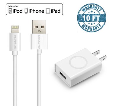 [Apple MFI Certified] G-Cord10 Feet 8 Pin Lightning to USB Cable with 2.4A Wall Charger for iPhone, iPod and iPad