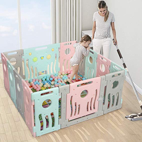 KingSo Baby Playpen Foldable Kids Baby Safety Play Yard Activity Centre with External Lock Gate for Home Indoor (Multicolor 14 Panel)