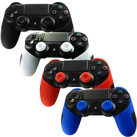 Pandaren Soft Silicone Thicker Half Skin Cover for PS4 Controller Set (skin X 4   Thumb Grip X 8)(Black, White, Red, Blue)